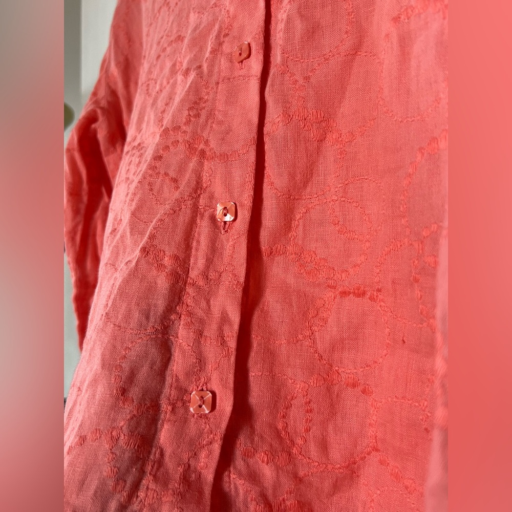 NWOT Dana Buchman Linen Coral Button-Down Shirt W/Embroidery. Size 6/S. - Picture 5 of 15